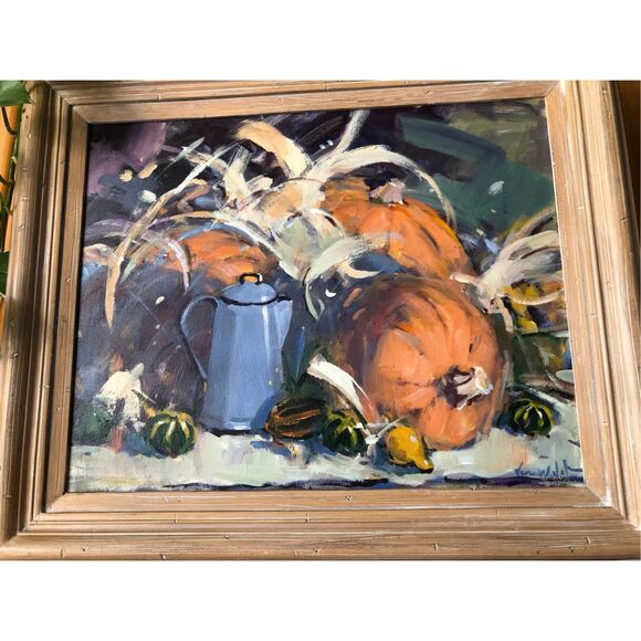“Autumn Harvest Oil Painting – Signed Van Wall Still Life, Pumpkins & Gourds, - Picture 3 of 10